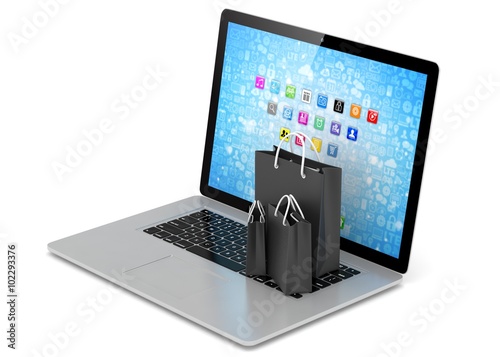 Wallpaper Mural laptop and  shopping pags on white background Torontodigital.ca