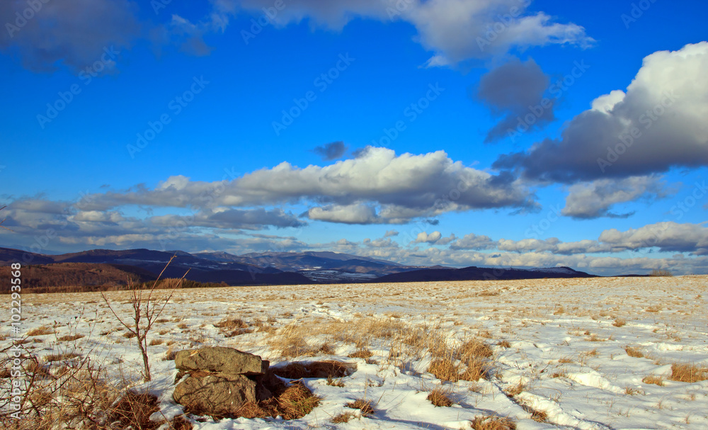 Winter Landscape with White Clouds Blue Sky
