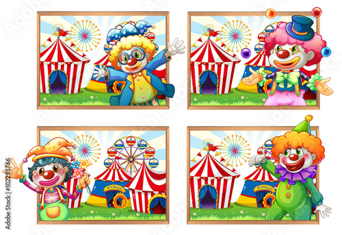 Four photo frame of clowns at the circus