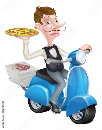 Cartoon Waiter on Scooter M...