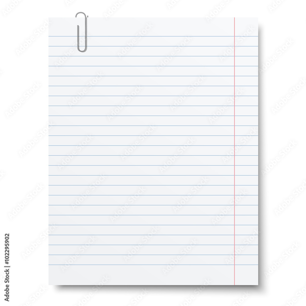 Notebook lined paper sheet with metallic clip isolated Notebook lined paper sheet with metallic clip isolated