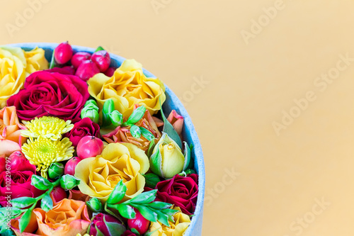 Gift Box of Colourful Beautiful Flowers on Light Orange Background, Natural light, Bloom Box, Flower Box, Close-up, Horizontal, Free Space for Text, Valentine Day, Mother Day