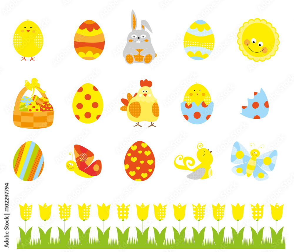 Easter elements collection with easter eggs, basket, cute bunny , tulip, chick , butterfly / vectors set for children Easter elements collection with easter eggs, basket, cute bunny , tulip, chick , butterfly / vectors set for children