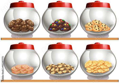 Papier peint Six cookie jars with red lids