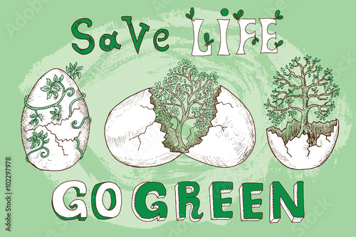Ecological concept illustration with eggs and trees