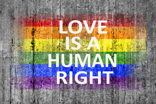 Love is a human right and LGBT flag painted on background textur
