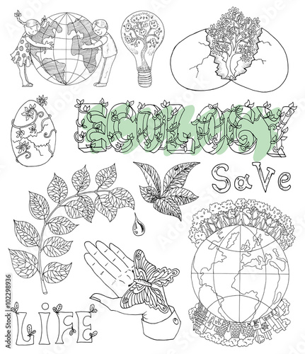 Wallpaper Mural Ecology set with leaves, text and eco green symbols. Torontodigital.ca