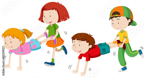 Children playing wheel barrow