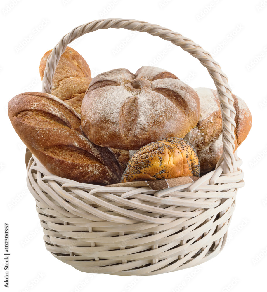 Basket with fresh bread on a white background.