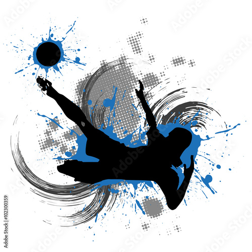 Fußballspieler vor blauem Hintergrund mit Farbspritzern