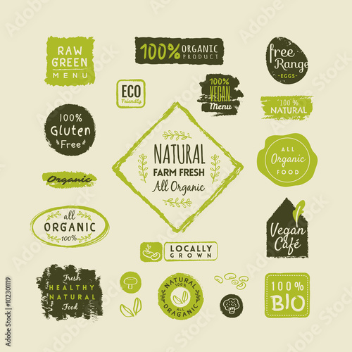 Set of green organic food labels and elements