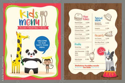 Cute colorful kids meal menu vector template with animals cartoon