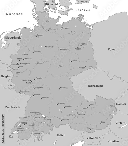 Deutschland-Österreich-Schweiz Karte in Grau
