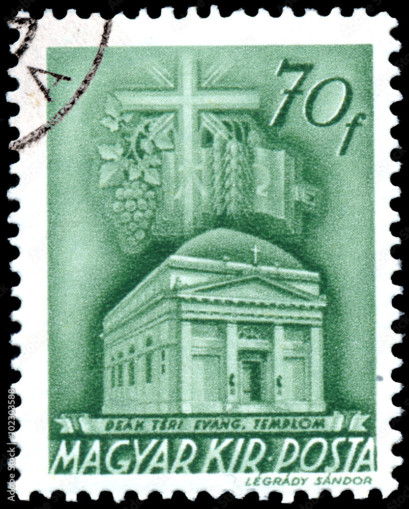 Stamp printed in Hungary shows Lutheran Temple in Budapest
