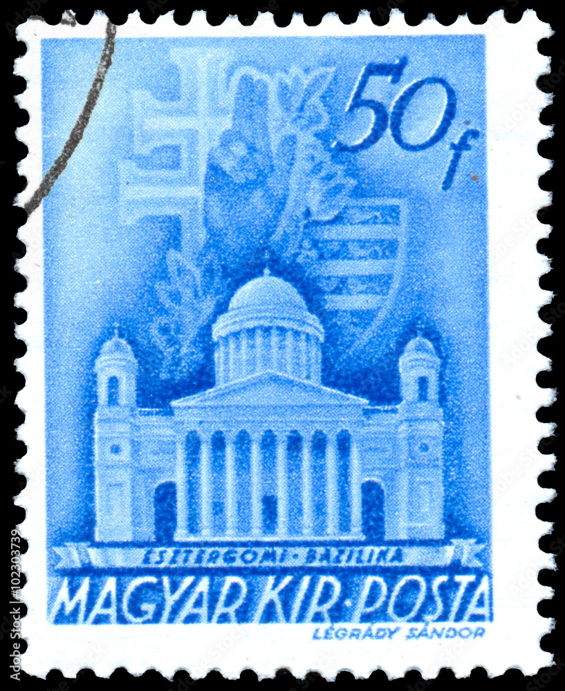 Stamp printed in Hungary shows Esztergom Basilica
