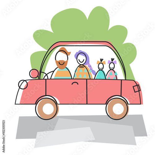 Happy Family Parents Two Children Car Drive Travel Vector Illustration