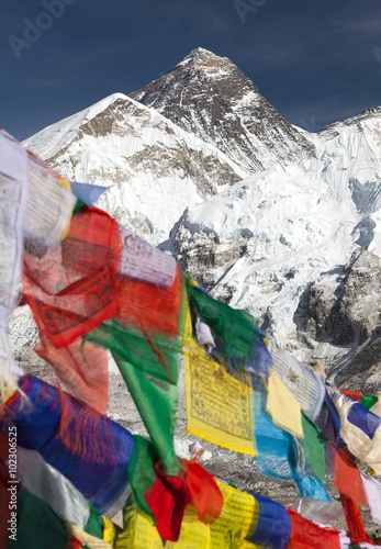 Mount Everest with buddhist prayer flags