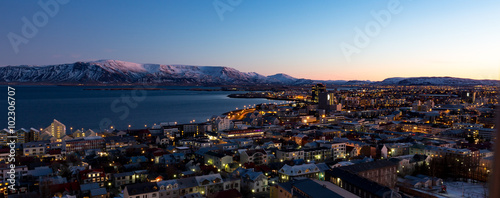 Reykjavik skyline at dawn in Iceland.