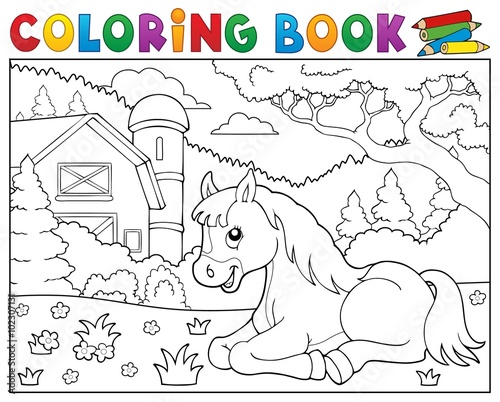 Coloring book horse near farm theme 2