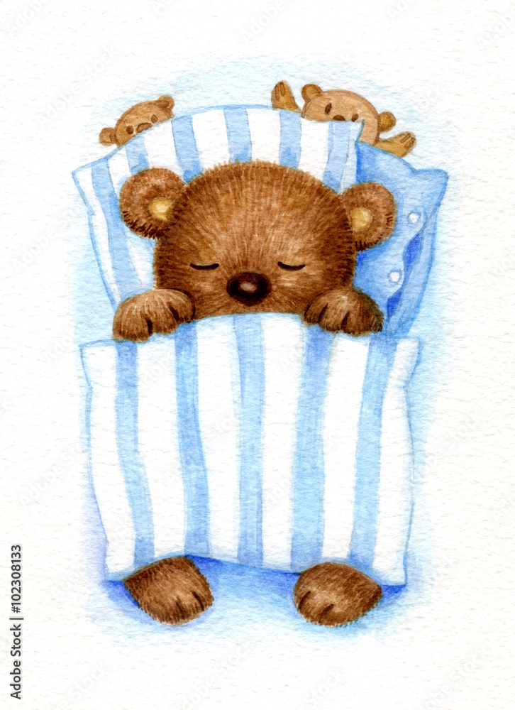 Fototapeta premium Cute sleeping baby bear in bed, watercolor.