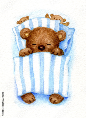 Cute sleeping baby bear in bed, watercolor.