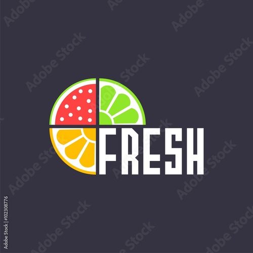 logo with pieces of fruits and word fresh. Vector design logo. Vector illustration