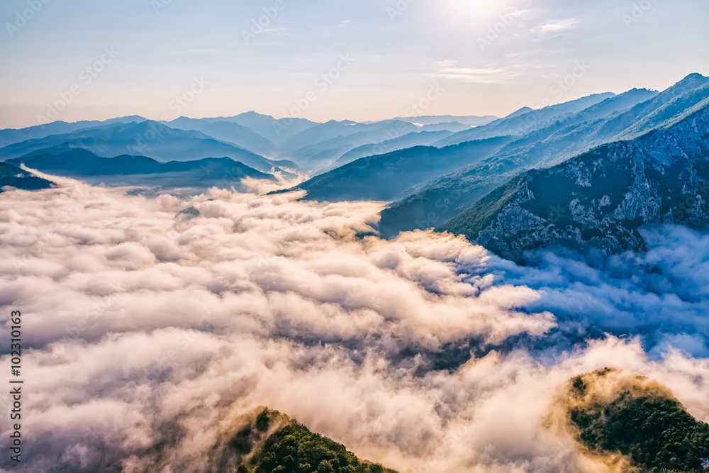 Helicopter aerial photo at sunrise of the Montenegro continental part and nature.