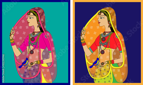 Indian Queen/ princess portrait -inspired by 16th century India Rajput and Mughal style of art.
