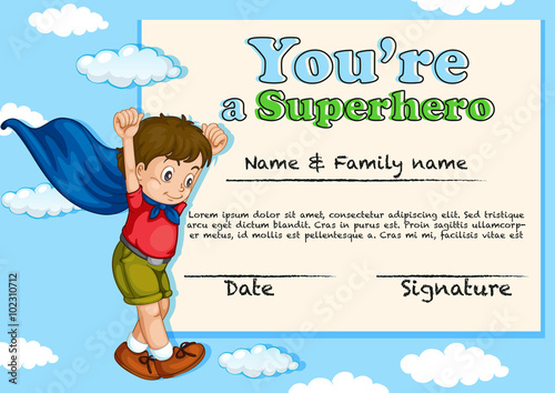 Certificate design with boy being superhero