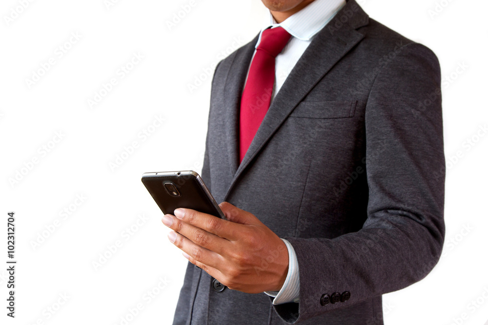 Businessman body holding mobile phone isolated white background Businessman body holding mobile phone isolated white background