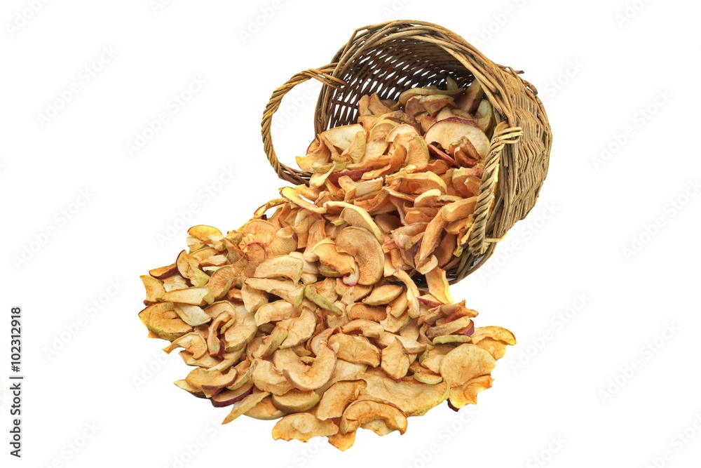 Dried Apples Slice In Wicker Basket Isolated On White Background