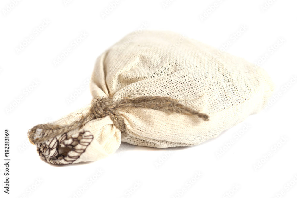 Tied with rope sack bag isolated on white