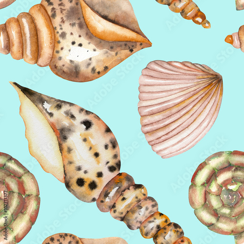 Wallpaper Mural A seamless pattern with the isolated shells, painted in a watercolor on a blue background Torontodigital.ca
