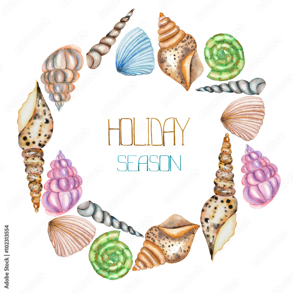 Fototapeta premium A wreath, circle frame with the isolated shells, painted in a watercolor on a white background