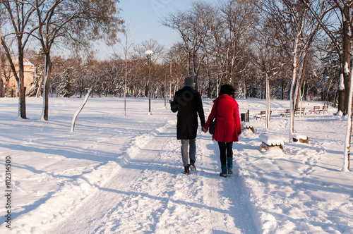 Couple holding each other's hands going through the park in the winter on a beautiful sunny day