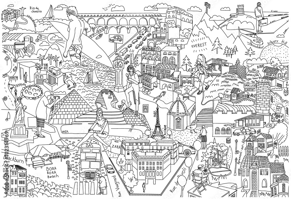 draw maps of cities, doodles maps coloring, comic attractions map