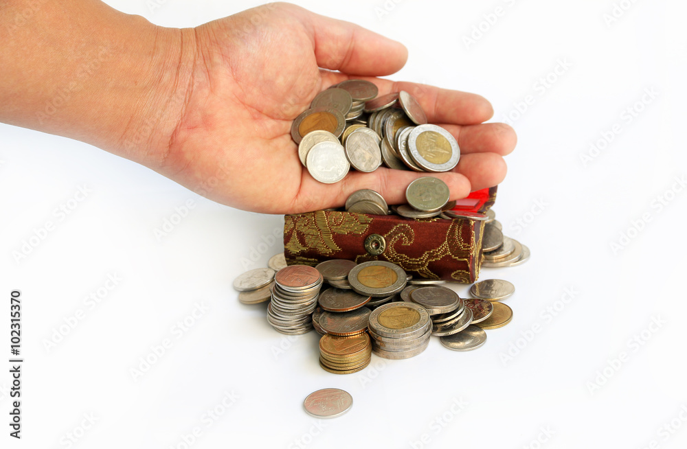Thailand coins to saving money on white background Thailand coins to saving money on white background