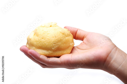 hand showing bread isolated on white background