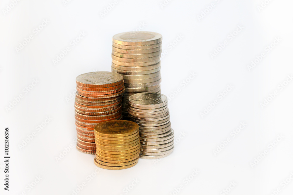 Thailand coins to saving money on white background Thailand coins to saving money on white background