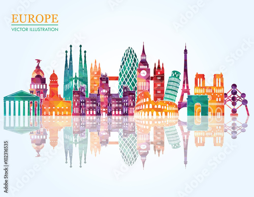 Fototapeta Szczegółowa sylwetka panoramę Europy. Ilustracji wektorowych