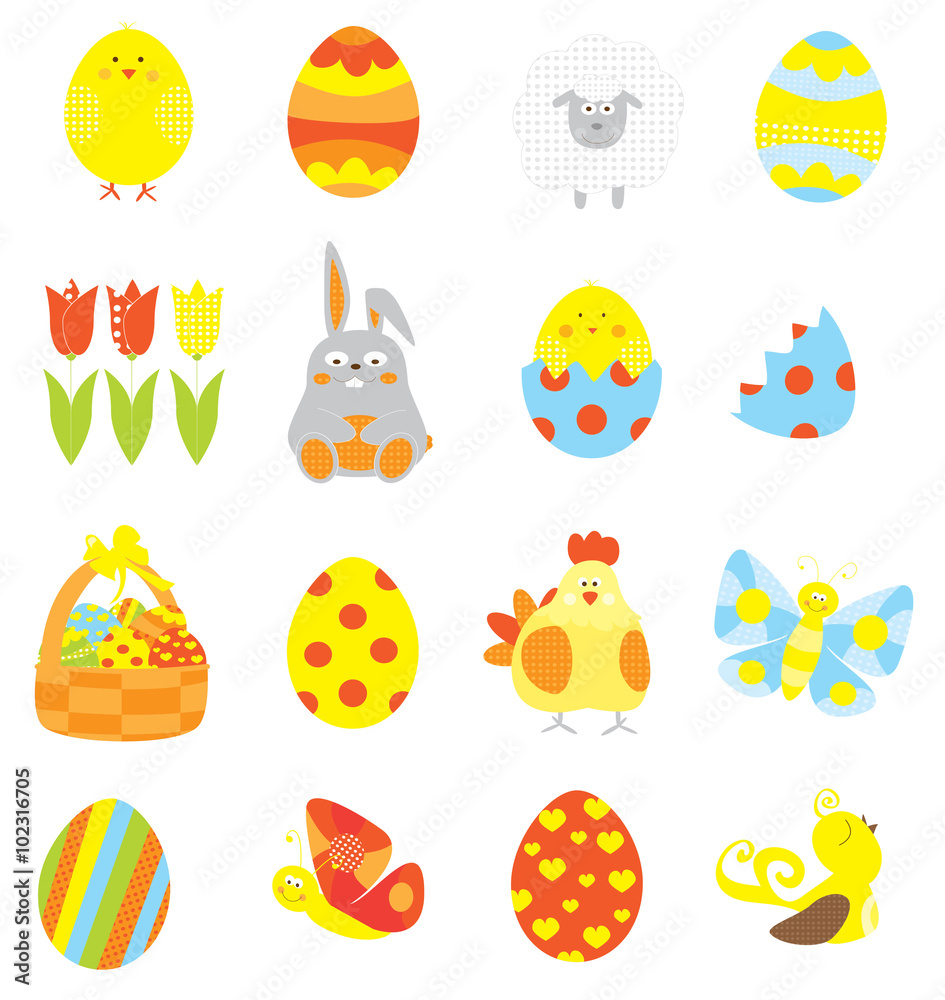 Easter elements collection with easter eggs, basket, cute bunny , tulip, chick, sheep / vectors set for children Easter elements collection with easter eggs, basket, cute bunny , tulip, chick, sheep / vectors set for children
