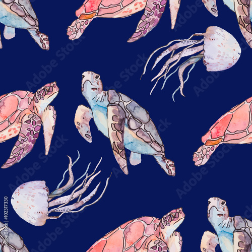 Underwater sea pattern. Sea turtles and jellyfish. Ocean vector