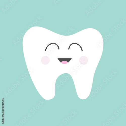 Tooth icon. Cute funny cartoon smiling character. Oral dental hygiene. Children teeth care. Tooth health. Baby background. Flat design.