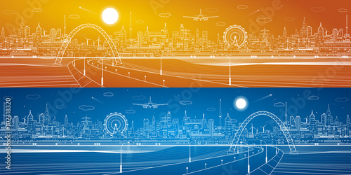 City infrastructure panorama, industrial landscape, road under the bridge, vector design neon lines town