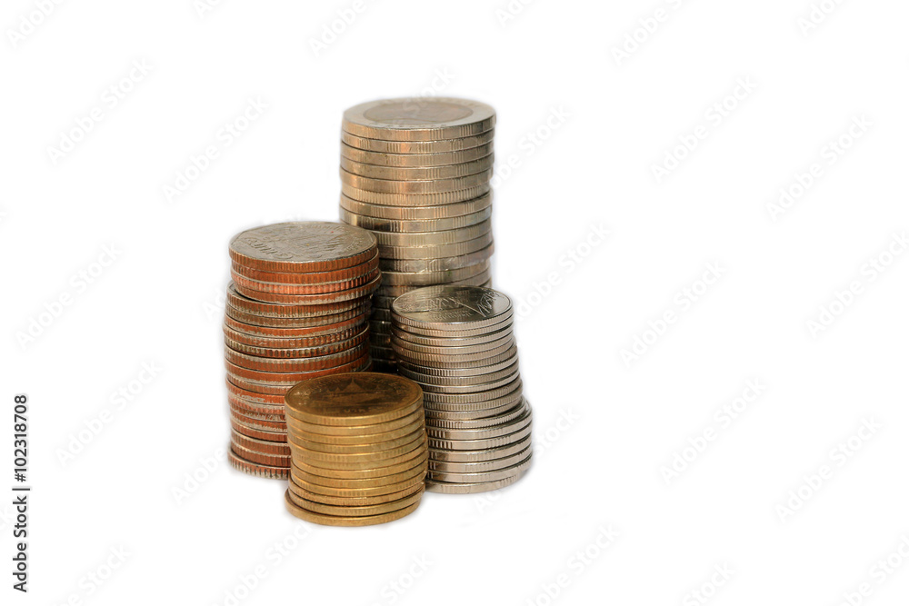 Thailand coins to saving money on white background Thailand coins to saving money on white background