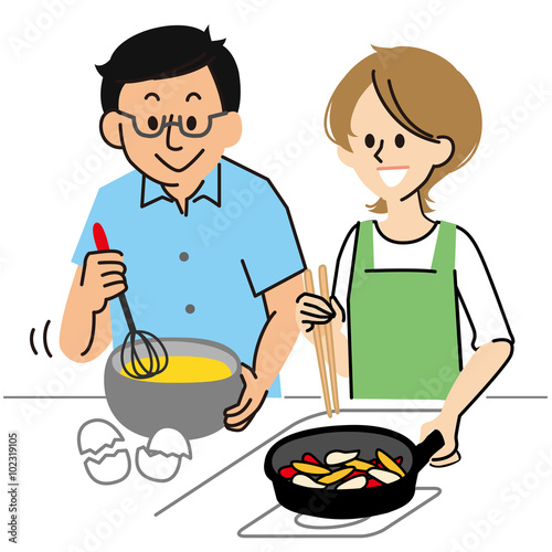 料理をする夫婦