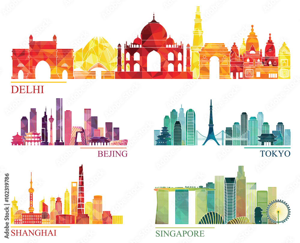 Skyline detailed silhouette set (Delhi, Beijing, Tokyo, shanghai, Singapore). Vector illustration