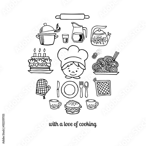 Kitchen tools and cook sketch icons 