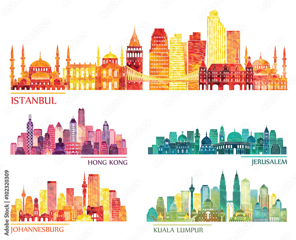 Fototapeta premium zestaw szczegółowy sylwetka panoramę (Stambuł, Hongkong, Kuala Lumpur, Jerozolima, Johannesburg). Ilustracji wektorowych