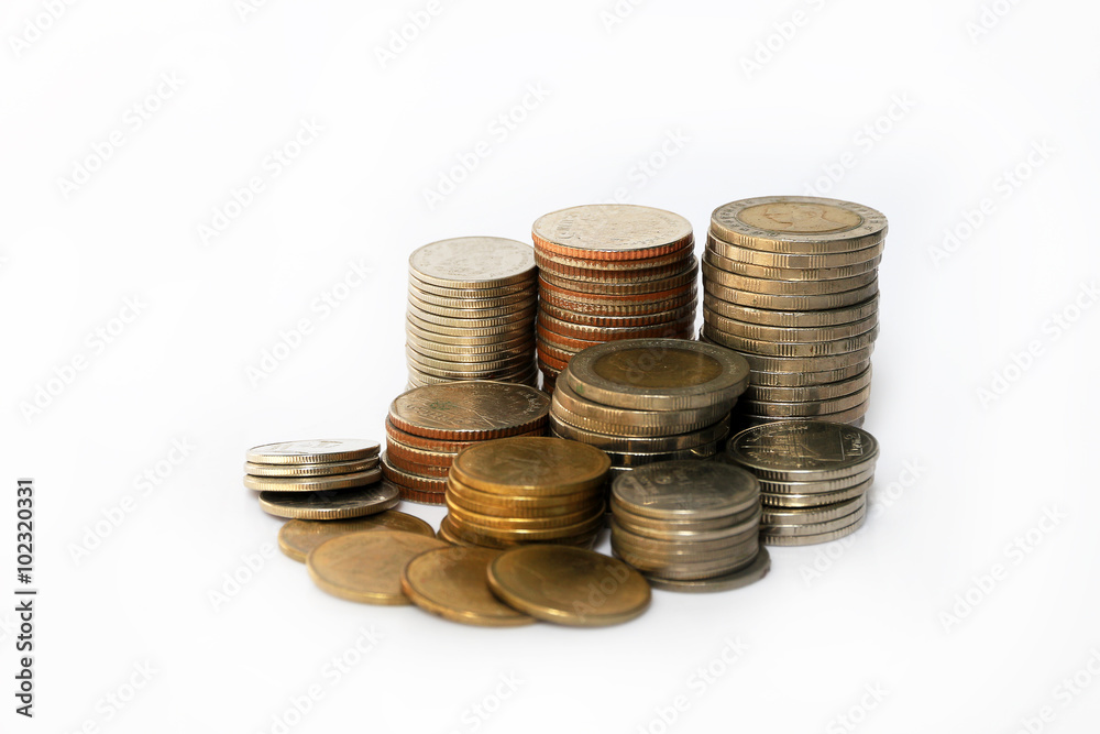 Thailand coins to saving money on white background Thailand coins to saving money on white background